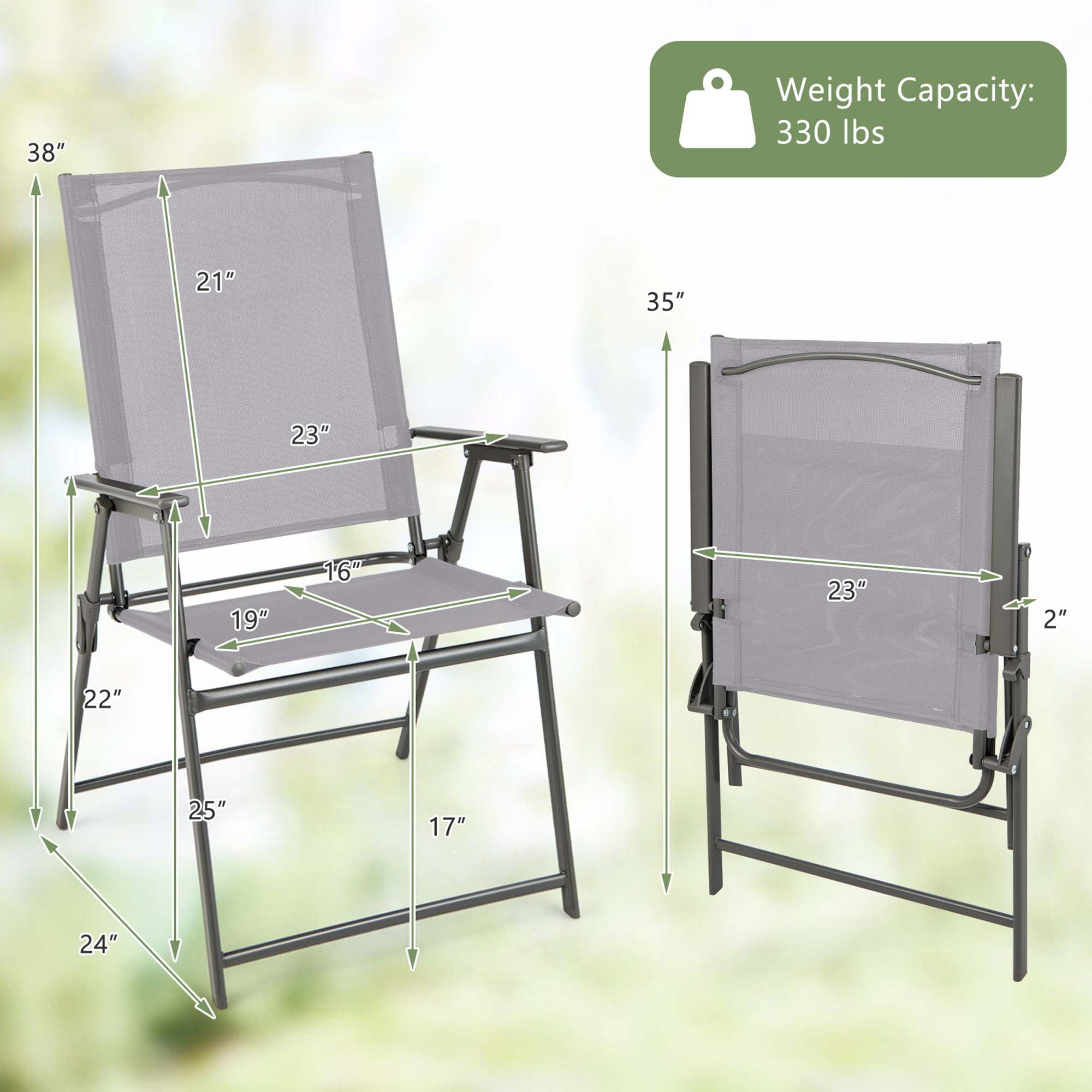 Costway 2pcs Patio Folding Portable Dining Chairs Metal Frame Armrests Outdoor Gray