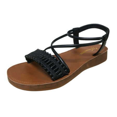 

womens beach shoes Fashion Spring And Summer Women Sandals Casual Beach Shoes Comfortable Soft Bottom Elastic Band Flat Bottom Pu Black