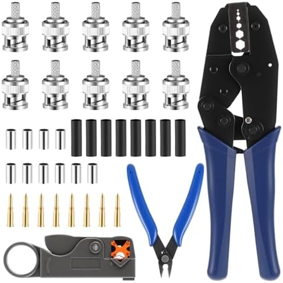 Coaxial Cable Tool Kit,BNC Crimp tool with 10PCS BNC Crimp Male Connector,Coaxial Cable Stripper Cutter,Wire Cable Cutter and Heat Shrink Tube for RG58/RG59/RG62/RG174