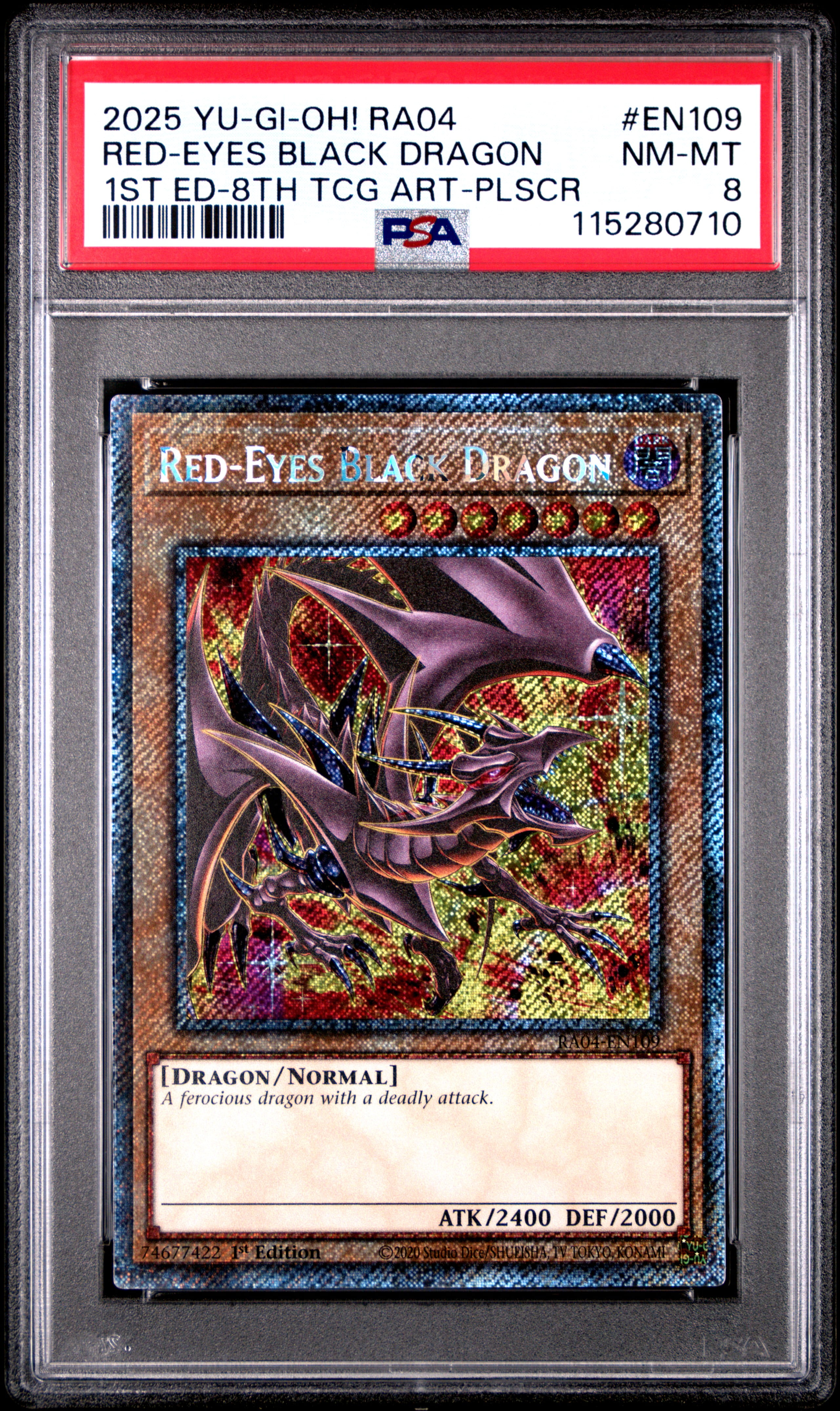 Yu Gi Oh! TCG, PSA Graded 8 NM MT, Red Eyes Black Dragon 1St Ed 8Th Tcg Art Plscr #EN109, Ra04 Quarter Century Stampede, Fully Encapsulated Bundle with Compatible Yu Gi Oh! Hard Sealed Case