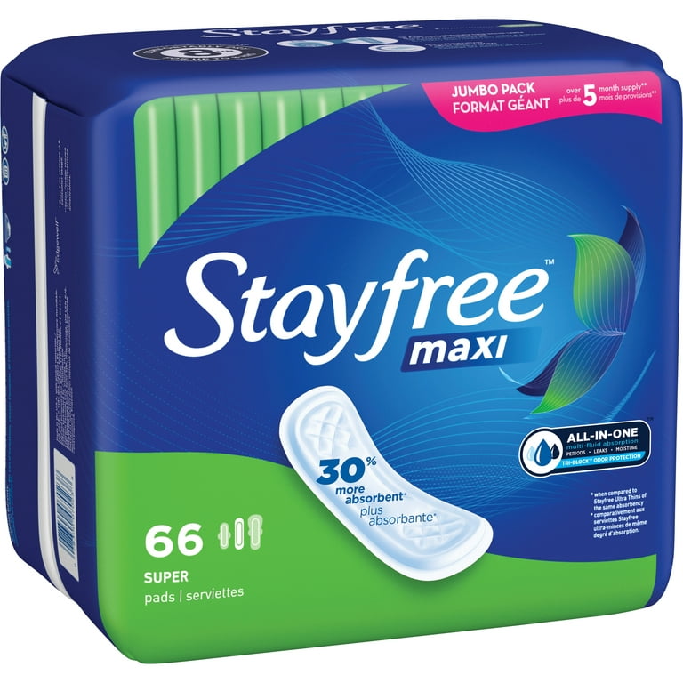 Stayfree Maxi Super Pads Wingless, Unscented, 66 Ct, Absorbs 30% More,  Multi-Fluid Absorption, Comfortably Dry for up to 8 Hours