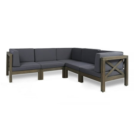 Deep Cushion Sectional Christopher Knight Home Brava Outdoor 5-Seater Acacia Wood Sectional Sofa Set with Water-Resistant Cushions by gray + dark gray cuhsion gray + dark ()