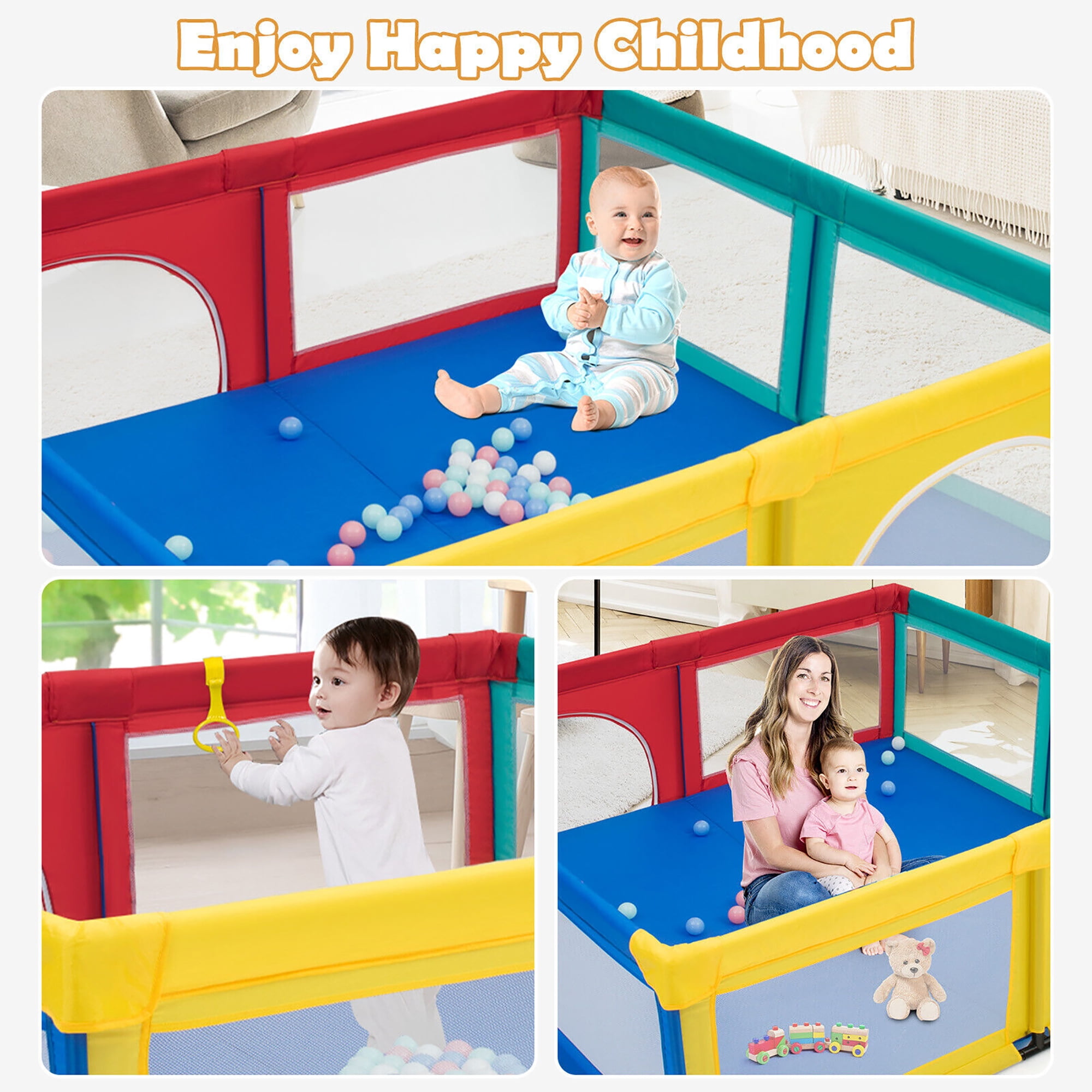 Gymax Extra Large Baby Playpen Safety Baby Play Yard w/ 50 Ocean Balls & 4 Handles Colorful