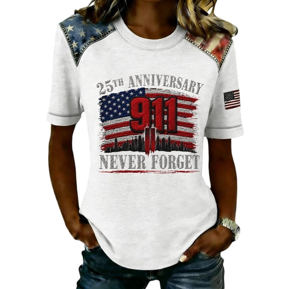 EANJE 911 25th Anniversary Shirt Women Never Forget Short Sleeve T-Shirt Patriot America Tribute Remembrance September 11 Vintage Graphic Tee Patriotic Usa Flag Crewneck Top White L