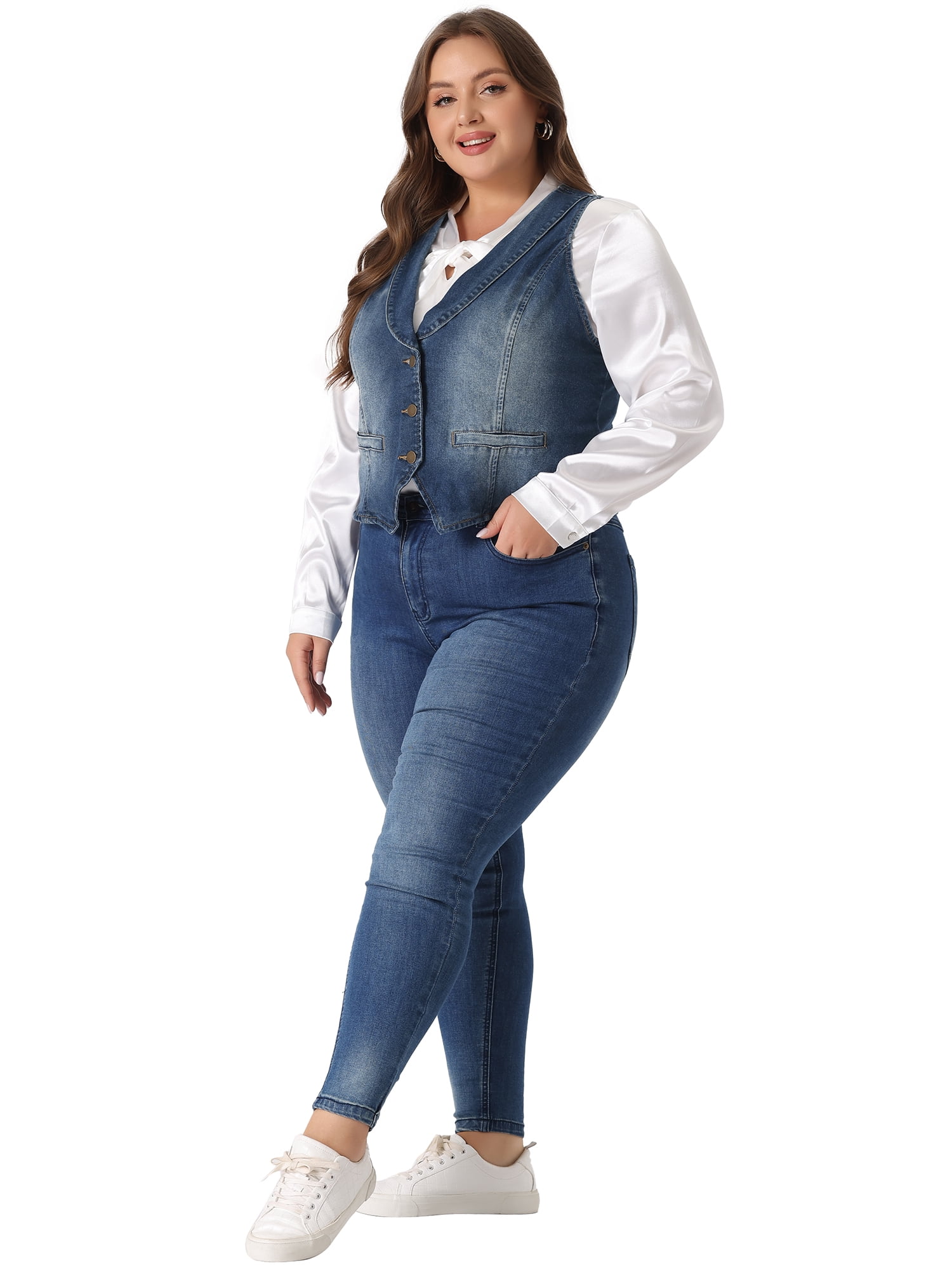 DARING DIVA Women's Plus Size Button Down Waistcoat Denim Vest 4X Dark Blue