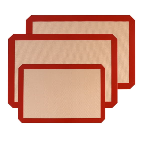 LYCAQL Silicone, Non-Stick, Food Safe Baking Mat, Pack of 3, Anti-Adherent Canvas Baking Sheet Patisserie Carpet New Red, Rectangular, 16.5" x 11.8"