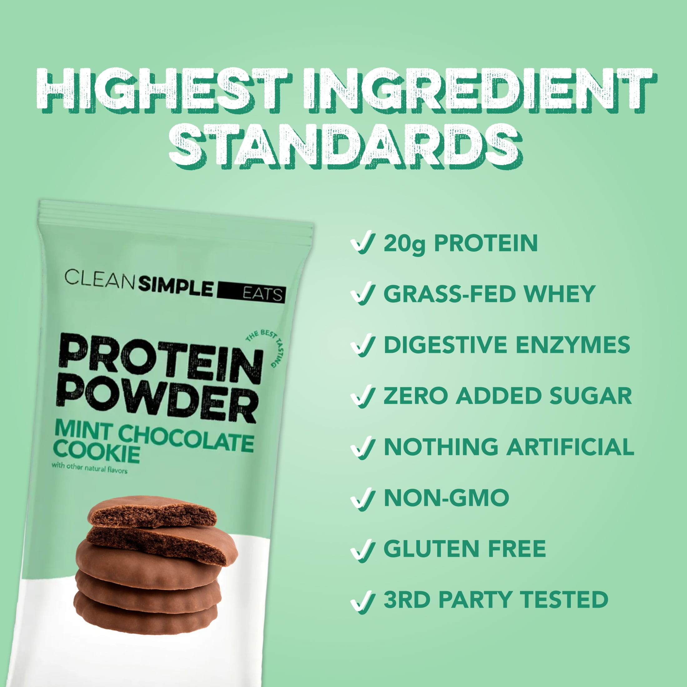 Clean Simple Eats Whey Protein Powder, Mint Chocolate Cookie, Gluten Free, Zero Added Sugars, No Artificial Ingredients, 20g Protein, 10 Count