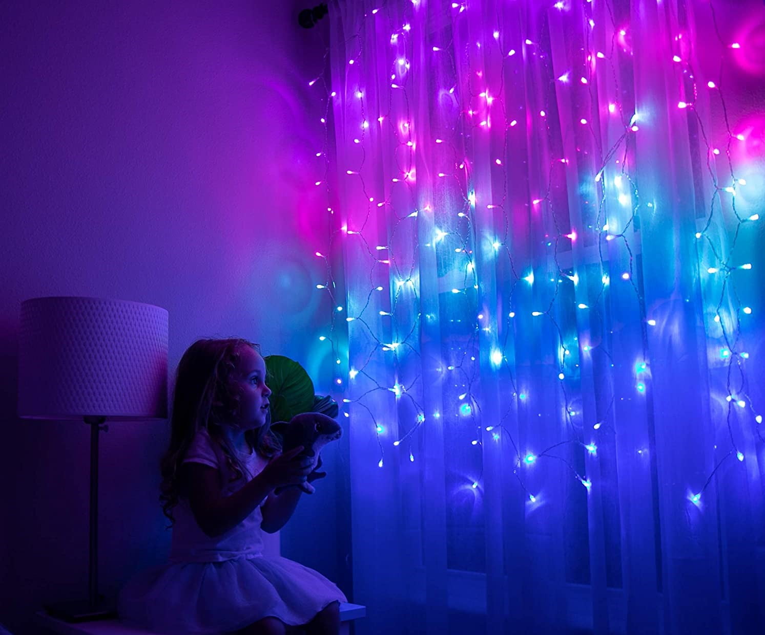 LED String Curtain Lights with Dimmer Switch Mermaid Colors 