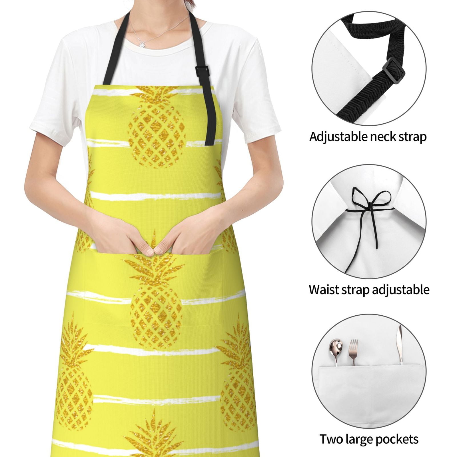 Kdxio Gold Pineapple Apron with Pockets Adjustable Kitchen Aprons for Men Women Waterproof Aprons for Cooking,Drawing,Crafting, Baking Household Cleaning