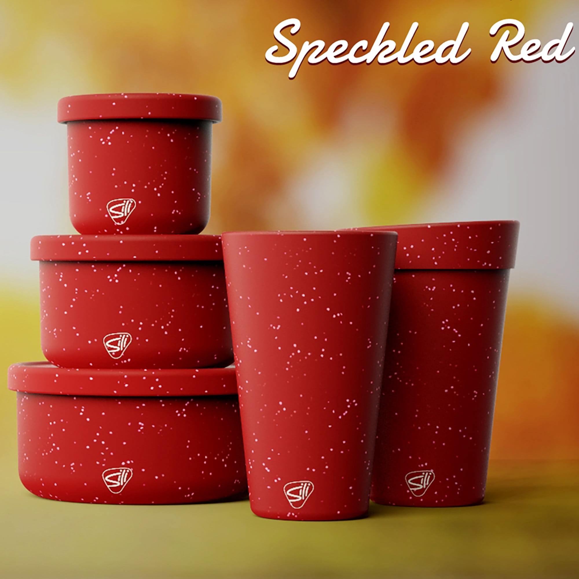 Silipint: Silicone Lidded Bowls: Set of 3: Speckled Red - 10, 20 & 30oz - Flexible, Unbreakable, Easy Storage, Non-Slip