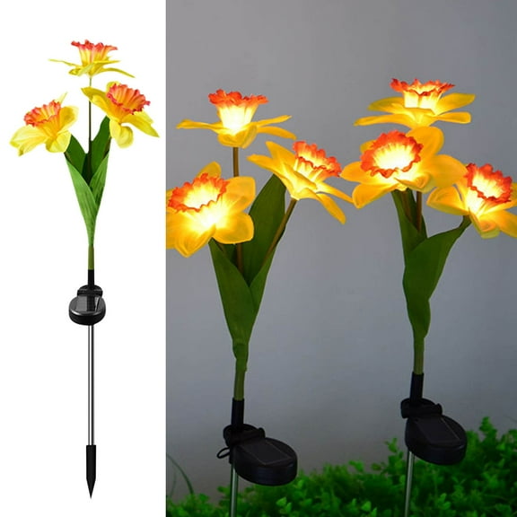 Hwkond Artificial Flowers for Outdoors Solar Powered Flower Stake LED Lights, 3 Head Outdoor Daffodil Garden Lights Decorative Stake Lights For Garden Yard