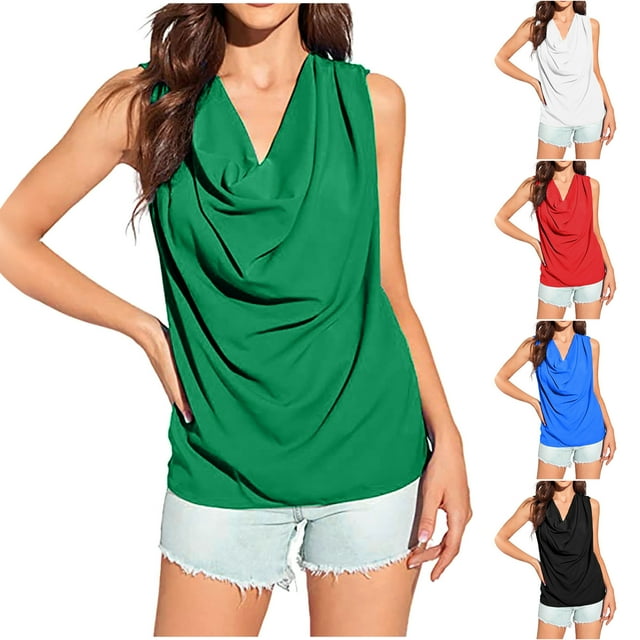 Ashirexll Tank Tops for Women Fashion Loose Front Neck Satin Trim Drop Shoulder Pleated Blouses