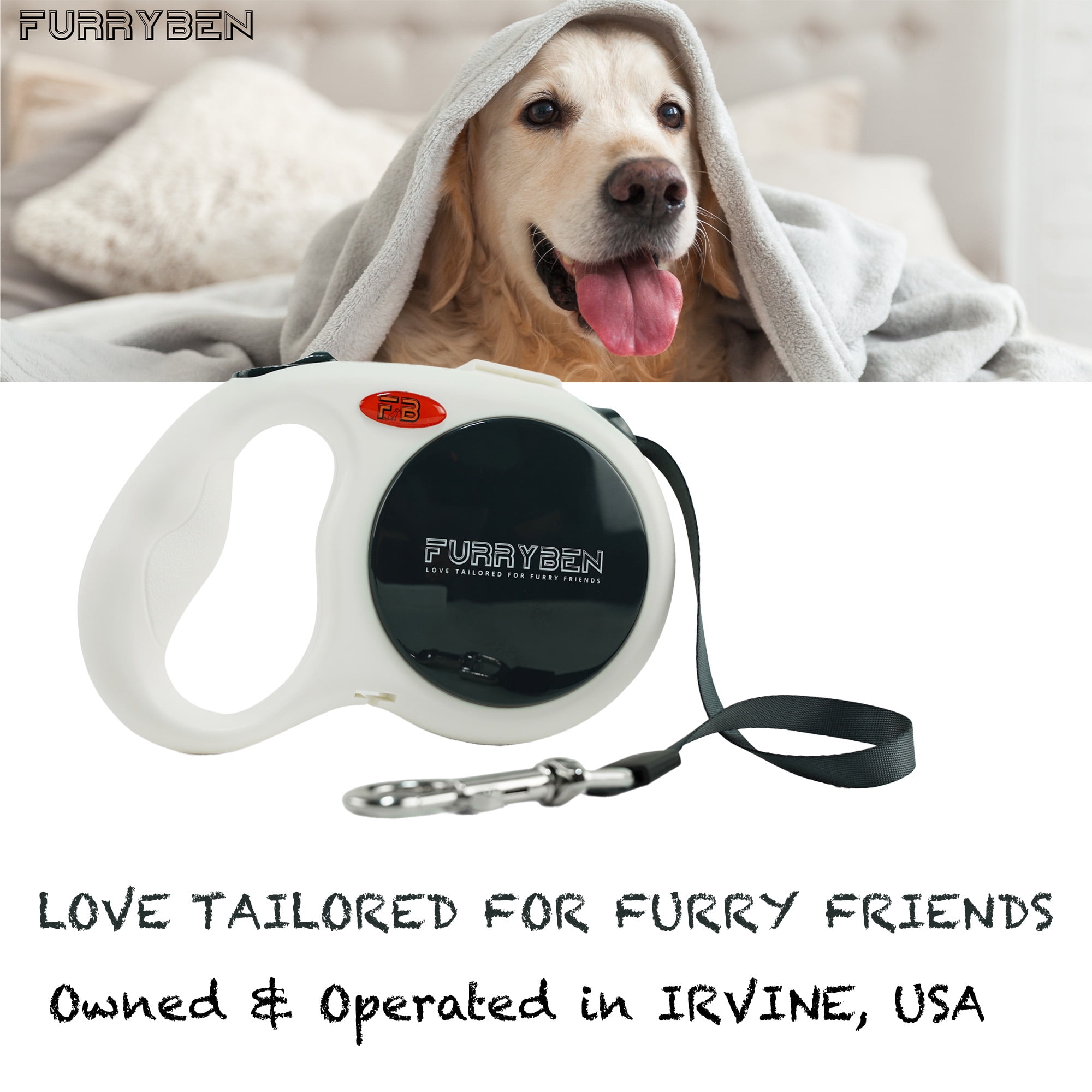 FURRYBEN Retractable Dog Leash | 16 ft Strong Nylon Tape | One-Click Brake, Pause, Lock (Gray)