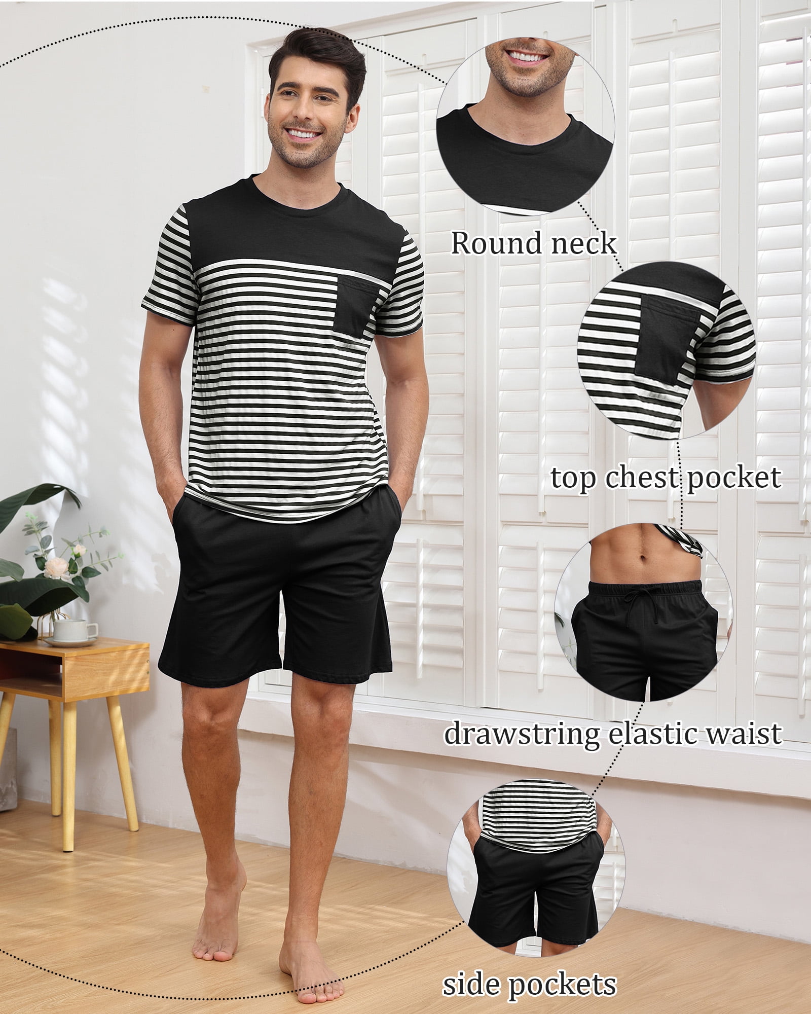 Men's Short Sleeve Pajama Sets 2 Pieces Men Cotton Pajamas Sets with Shorts Men Summer Sleepwear Set with Pockets, S-XXL