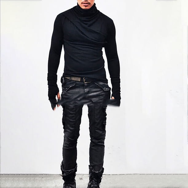 Blusa y camisas de cuello alto de manga larga para hombre, moda de primavera y otoño, blusa lisa de cuello redondo y manga larga para hombre