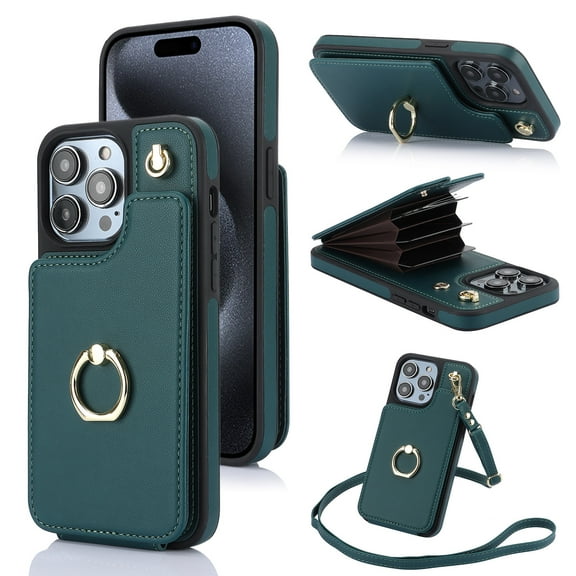 ELEHOLD for iPhone 15 Pro Max Wallet Crossbody Case with Organ Card Slots Metal Finger Ring Holder Kickstand Crossbody Shoulder Strap Shockproof Purse Cover for Women Girls,green