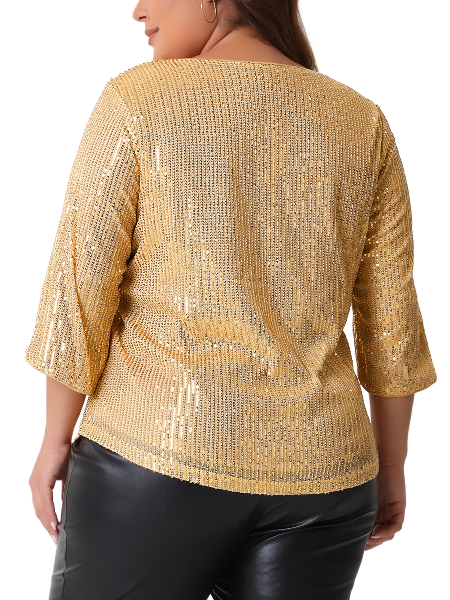 DARING DIVA Women's Plus Glitter 3/4 Sleeve Sparkle Sequin Blouse 1X Gold