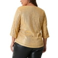thumbnail image 4 of DARING DIVA Women's Plus Glitter 3/4 Sleeve Sparkle Sequin Blouse 1X Gold, 4 of 5