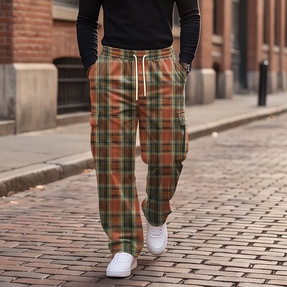 YNGKMEA Mens Cargo Pants Lightweight Loose Fit Casual Pants Plaid Workout Elastic Waist Long Trousers Comfy and Breathable Pants with Multi Pockets Blue 2XL