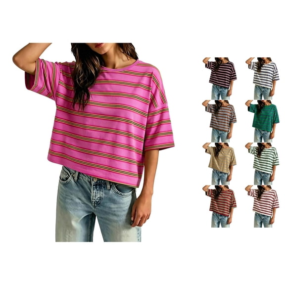 VOUZZA Women Retro Striped T-Shirt Summer Colorblock Short Sleeve Tee Loose Fit Drop Shoulder Casual Streetwear Pullover Tops