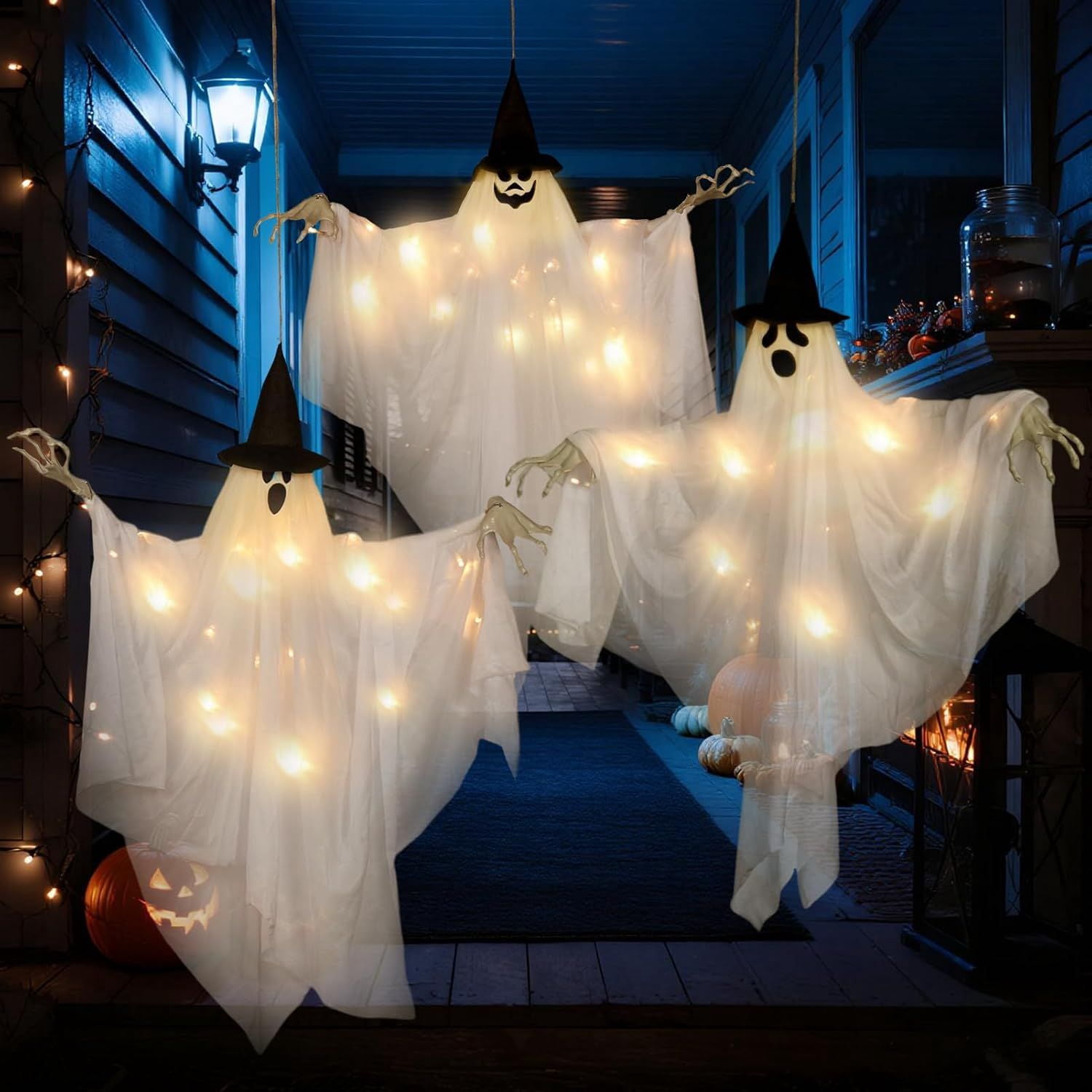 2 Pack Hanging Ghost Decorations 70cm with 8 Mode Lights for Indoor Outdoor
