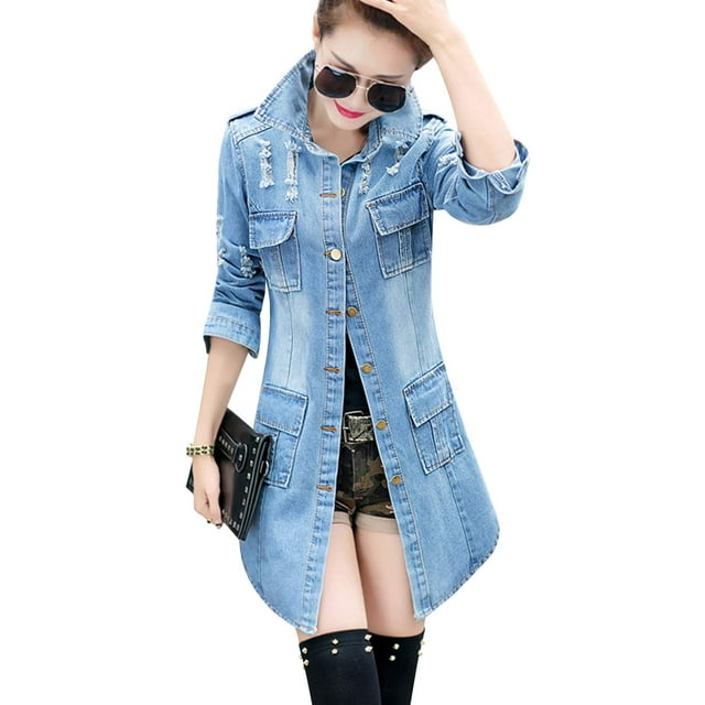 Chaqueta Tanming, abrigo de mezclilla con solapa para mujer, color azul XXL
