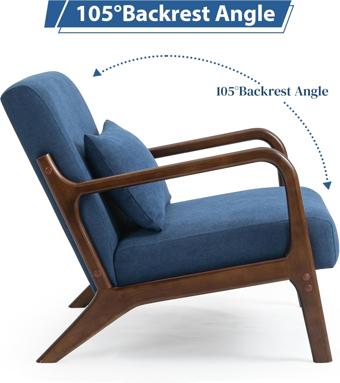 MOONMISS Mid-Century Modern Accent Chair, Velvet Fabric Arm Chair with Wood Frame and Pillow, Upholstered Armchair Comfort Reading Chair Lounge Chair for Living Room Bedroom Sunroom,Blue
