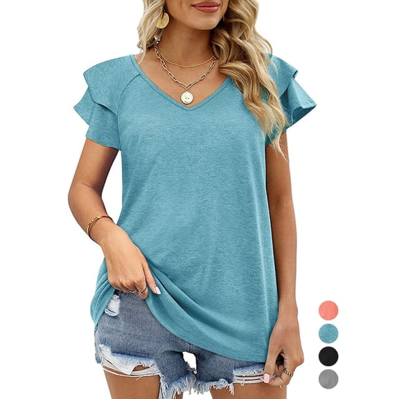 Gustave Womens Summer Tops Ruffle Short Sleeve Tunic V Neck T-Shirts Casual Tee Shirts Loose Fit (Turquoise, XL)