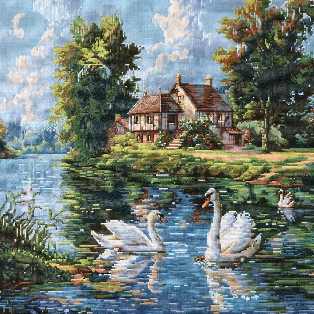 Swans on River House Landscape DIY 11CT Stamped Cross Stitch Kits for Beginners Easy Needlepoint Embroidery Counted Cross Stitch Art Craft for Wall Decoration 16x16inch(6)