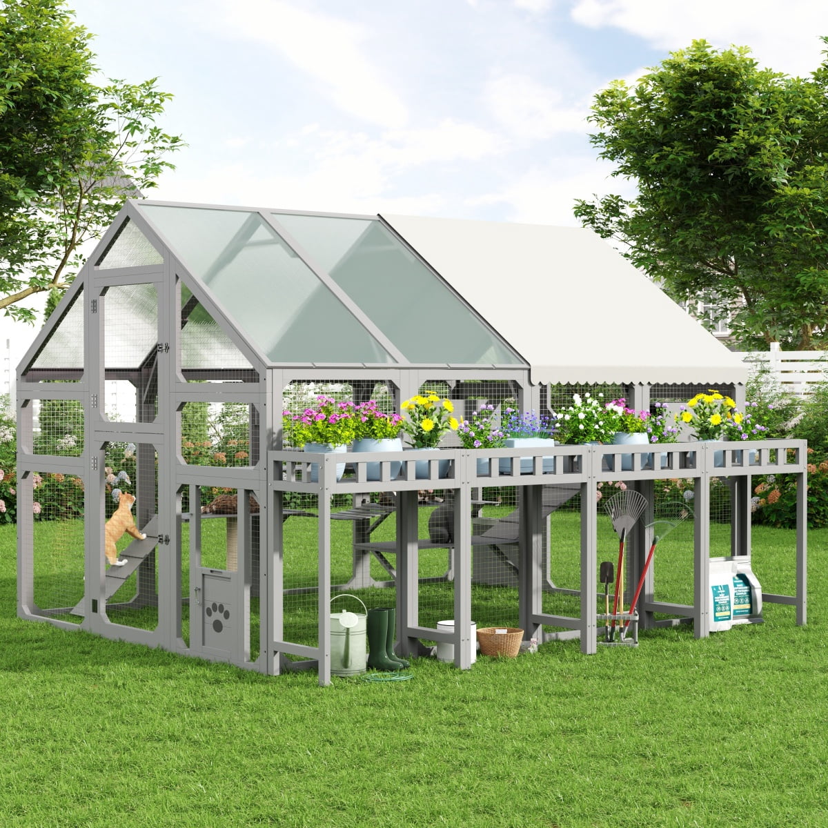 LuckyNote Large Outdoor Cat House with Planter Stand, Wooden Cat Enclosure with Resting Boxes, Hanging Bridge, Platforms, Walk-In Catio with Waterproof Cover