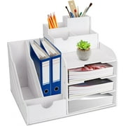 SSAWcasa 4-Tier Office Supplies Desk File Organizer with Pen Holder, Document A4 Paper Letter Tray Organizer Desktop Organizer for Office, School, Home (White)