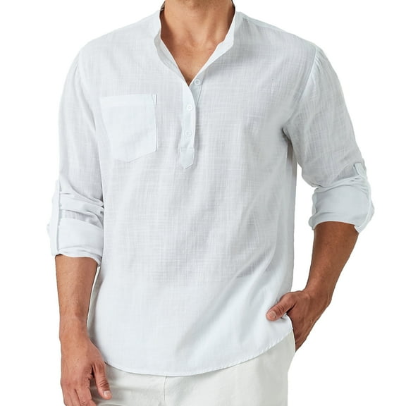 Mens Linen Henley Shirt Cotton Long Sleeve Casual Tee Band Collar Top Summer Beach White, L
