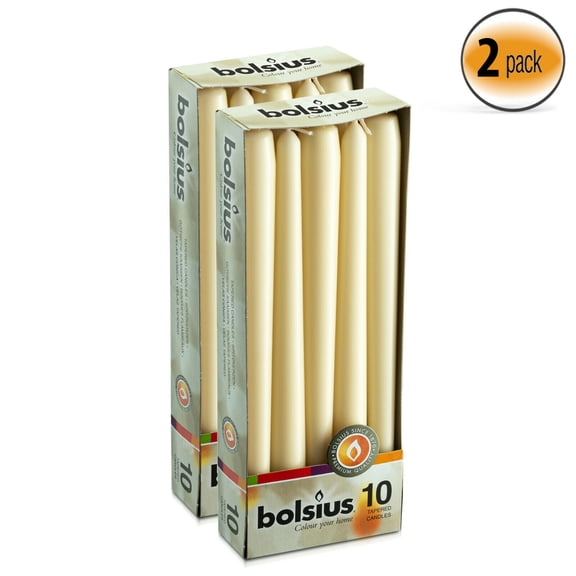 Bolsius 7.5 Hours Long Burning Taper Unscented Ivory Candles for Emergency, Wedding, Party, Household Decoration - 10" Tall Non-Drip Smokeless Table Candle - Pack of 20