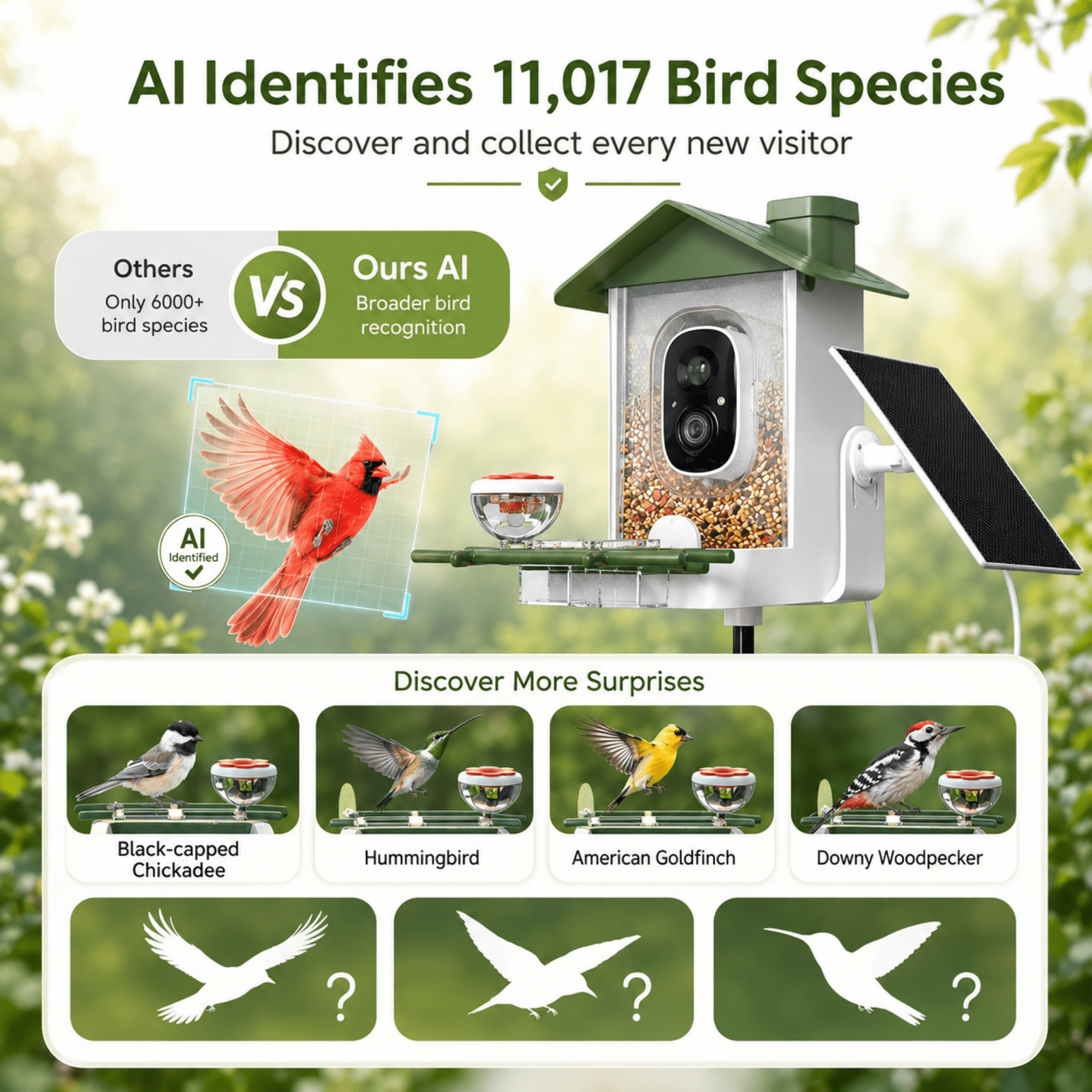 MEHOOM 3K/5MP Ultra HD Smart Bird Feeder with Camera, AI Identification 11000+ Bird Species, Solar Powered Bird Feeder Outdoor, App Notifications, Ideal Gift for Woman & Man
