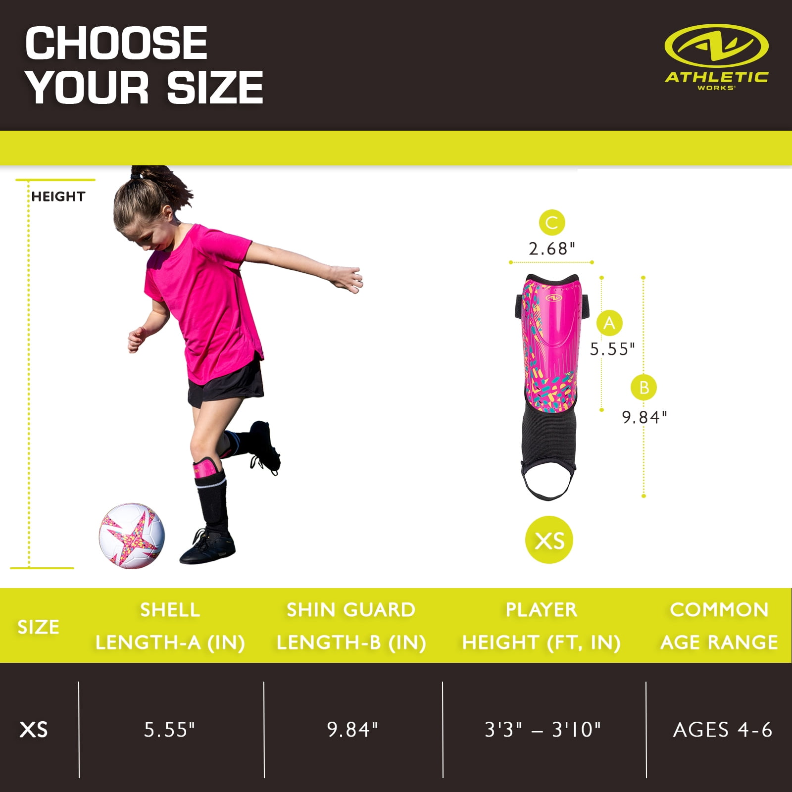 Athletic Works XS Soccer Shin Guards for Kids, Durable PP Shell, Pink/Black