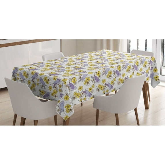 Spring Tablecloth, Swallow Birds Sitting on Flower Branches Happiness Season Blossoms Cartoon, Rectangle Satin Table Cover for Dining Room and Kitchen, 52" X 70", Mauve Brown Mustard, by Ambesonne