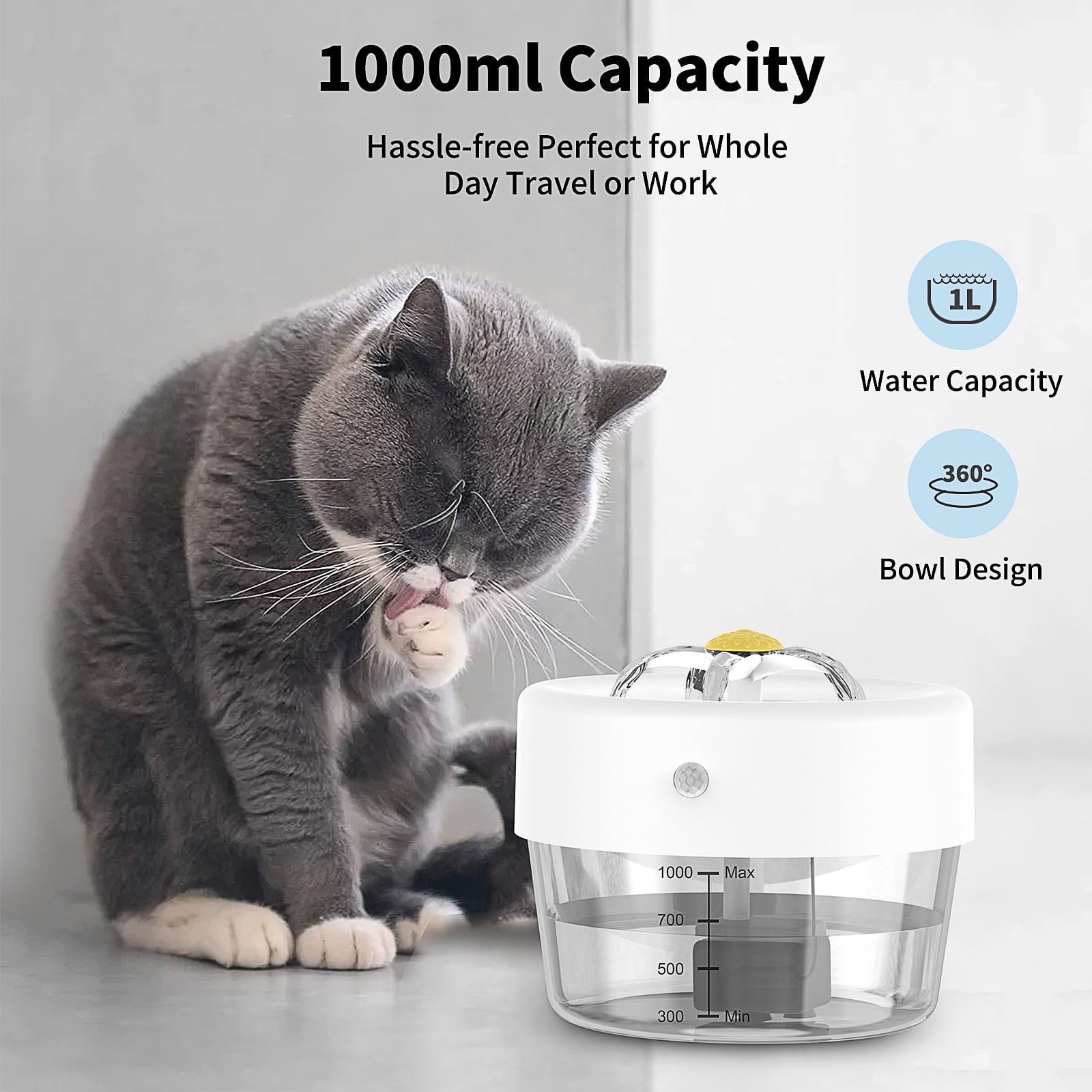 MASBRILL Cat Water Fountain, 1000mAh Battery, 1L Automatic Pet Drinking Fountain, White