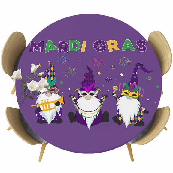 Mardi Gras Round Fitted Table Cover Carnival Gnome Mask Deep Purple Theme Waterproof Table Cloth with Elastic Edge Wipeable Tablecloth for Picnic Camping Party Fits 36"-44" Diameter
