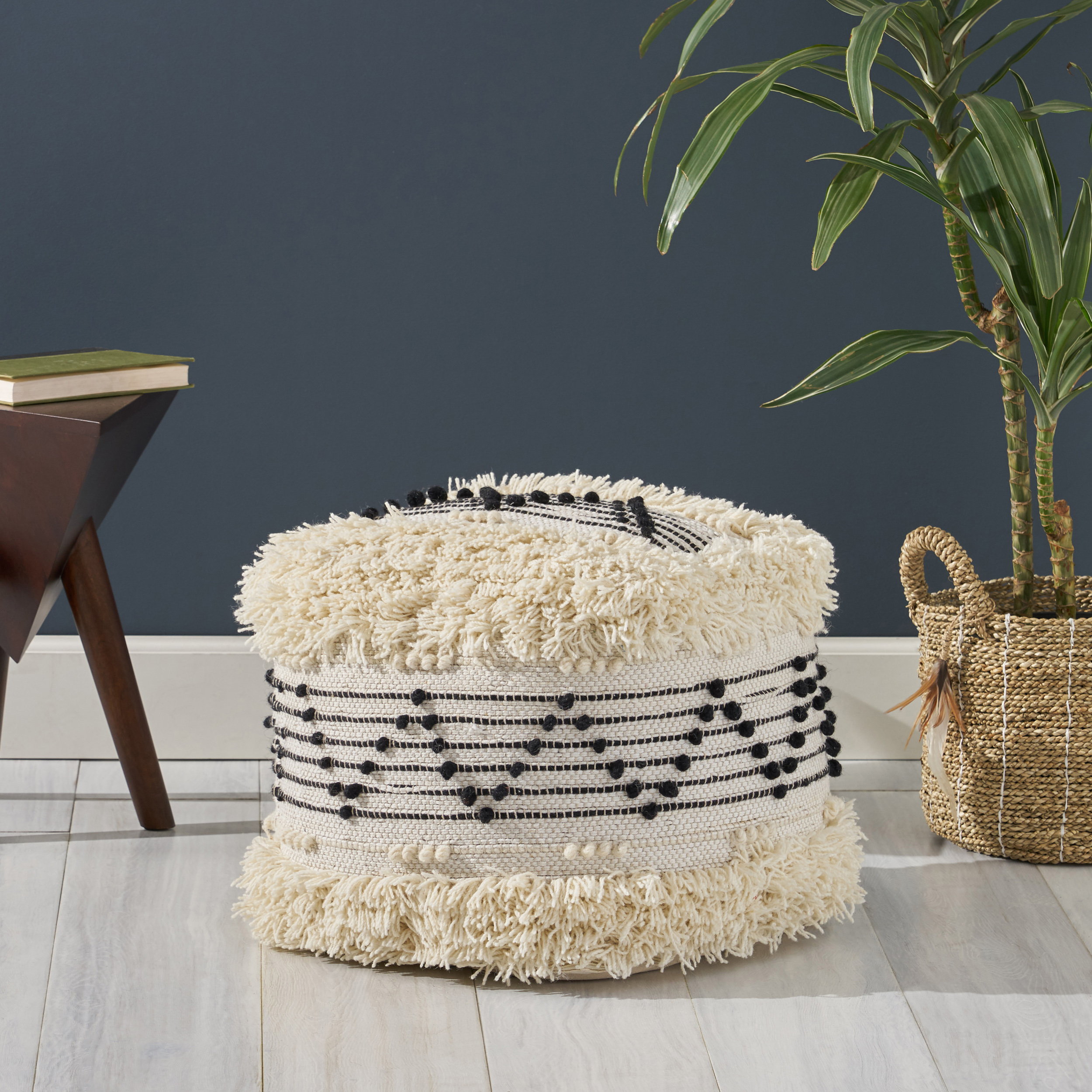 Noble House Kace Boho Cotton Ottoman Pouf, Ivory, Black