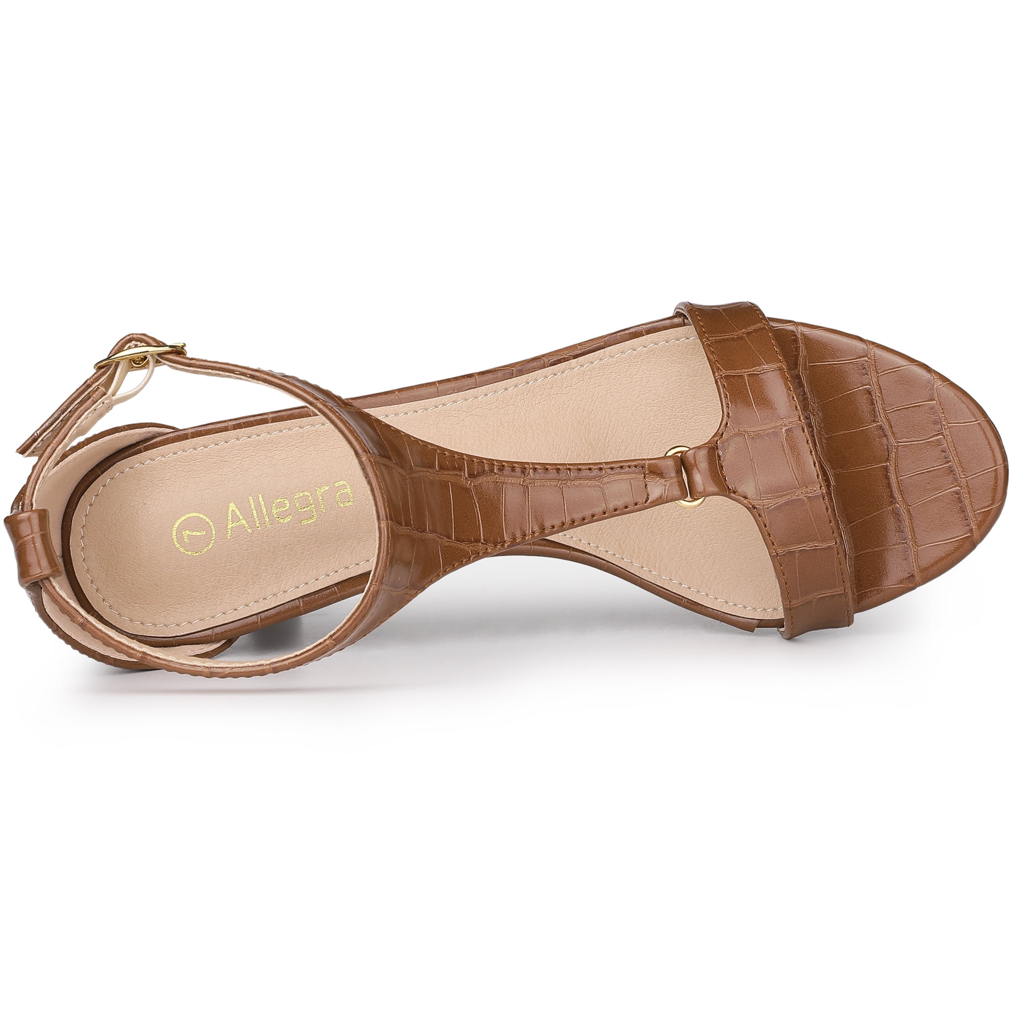 DARING DIVA Women's T Strap Embossed Kitten Heel Sandals Brown 7