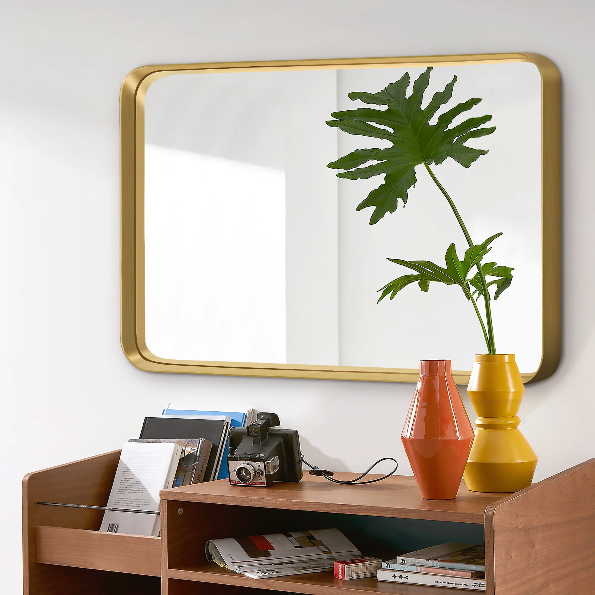 40"x29" Aluminum Alloy Wall Mount Rounded Corner Rectangular Mirror,Gold