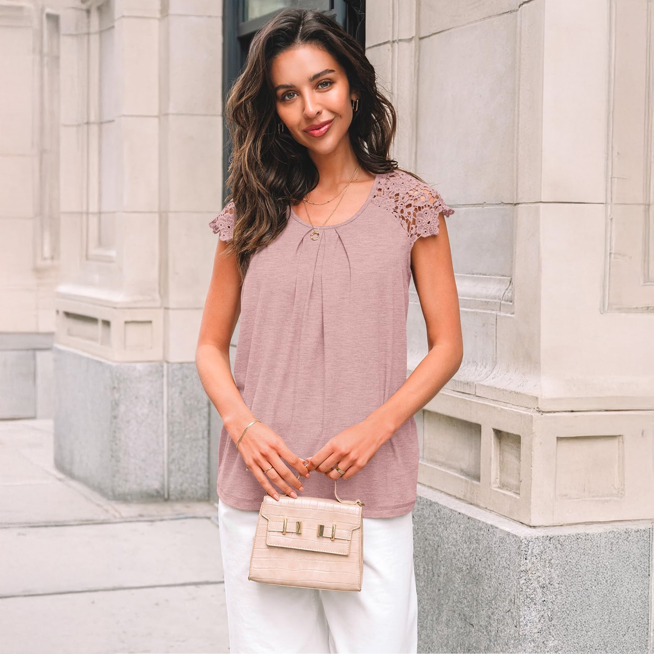 SUNBS Blouses for Women Lace Tops Pleated Short Sleeve Shirts Summer Business Casual Dressy Clothes