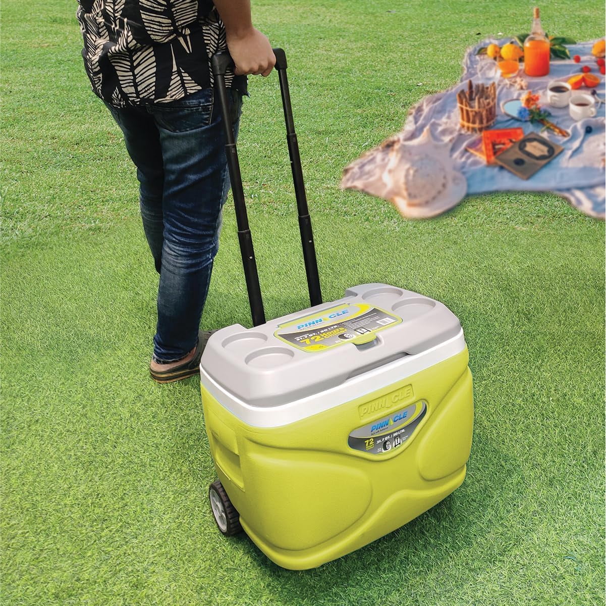 Pinnacle 30L Cooler with Wheels Set, 3 Coolers with Ice Bricks, Cup Holder Lid, Green