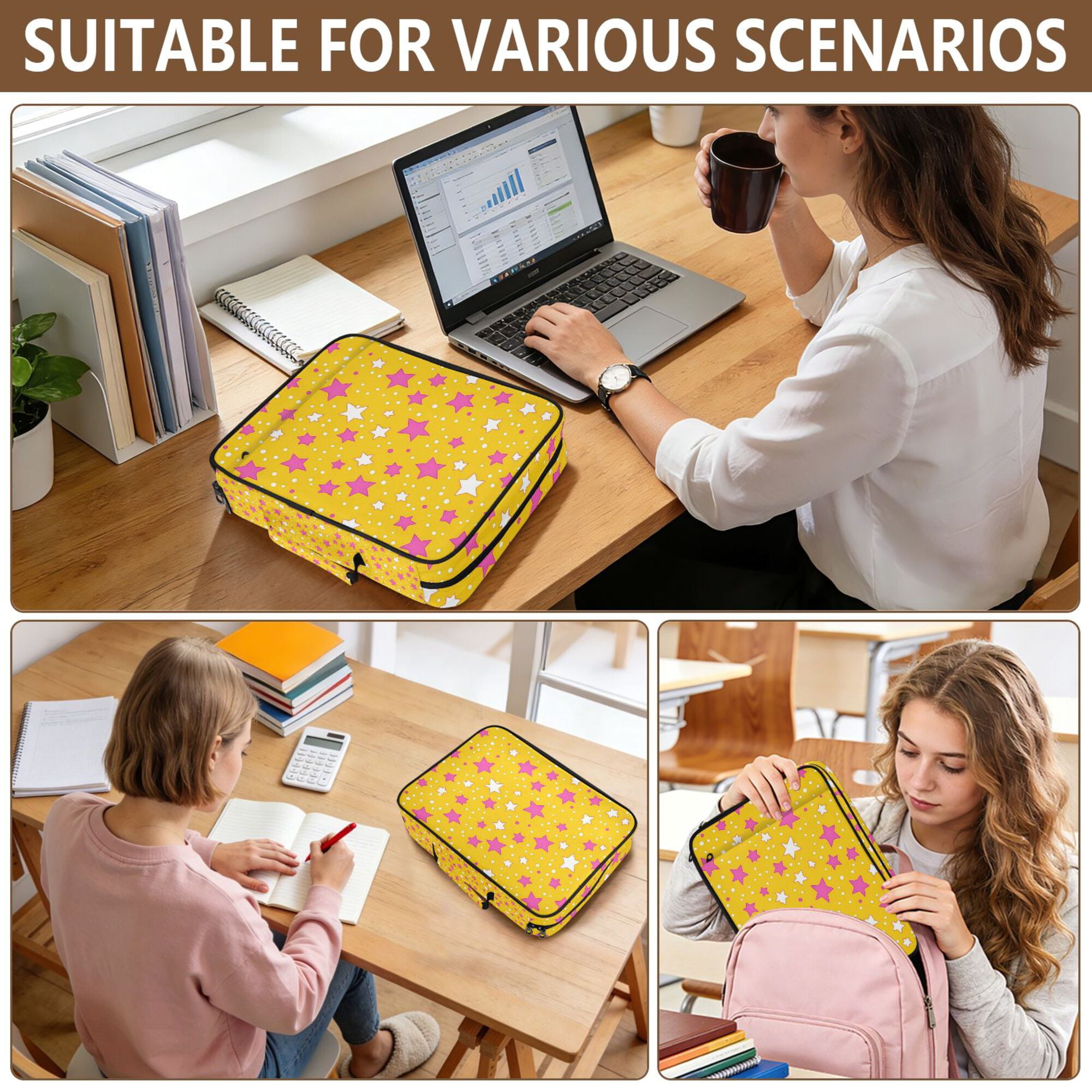 FORMRS Accordion File Folder A4 Size 7-Pocket Expanding Document Organizer Bag with 3 Ring Binder, Pink Stars