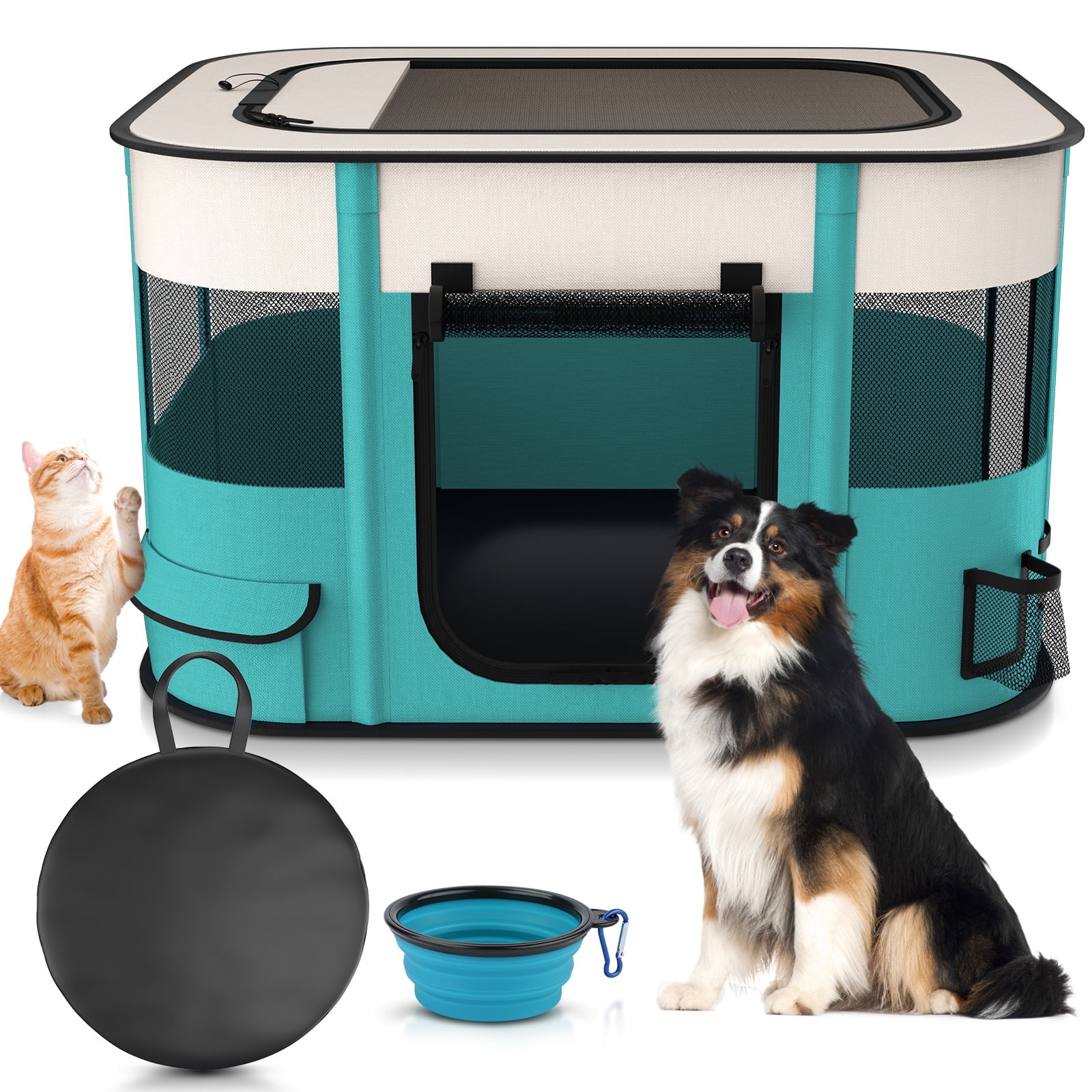BEBANG Pet Playpen, Foldable Portable Dog Cat Playpens Exercise Kennel Tent, Removable Shade Cover, Indoor Outdoor Travel Camping Use(L)