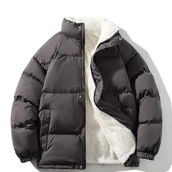 Babysbule Mens Winter Coats Clearance New Men's Fleece And Thickened Cotton Coat Stand Collar Loose Solid Color Warm Casual Cotton Long Sleeve Hoodless Casual Outwear Jackets