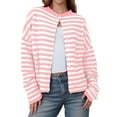 thumbnail image 2 of felwors Womens Striped Cardigan Casual Long Sleeve Open Front Button Down Loose Knit Lightweight Fall Sweaters Pink, M, 2 of 5
