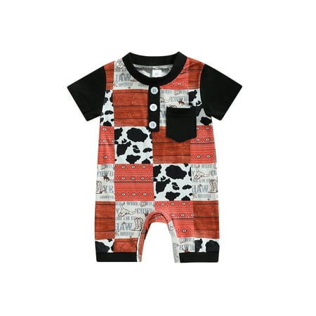 

Genuiskids Western Baby Boy Girl Summer Clothes Newborn Cow Print One Piece Short Sleeve Romper Playsuit Jumpsuit Shorts Infant Cowboy Outfit