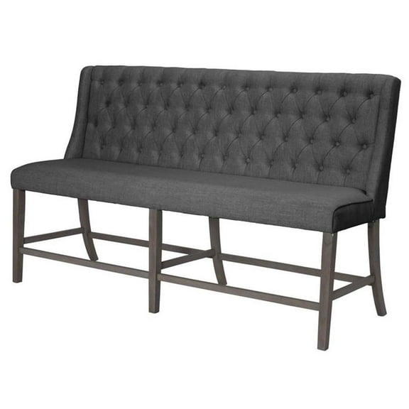 Pemberly Row Counter Height Rustic Gray Wood Dining Bench with Tufted Gray Linen