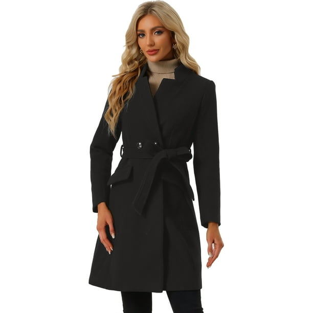 Abrigo con Cinturón Abrigo Vintage de Invierno con Solapa para Mujer Negro XS